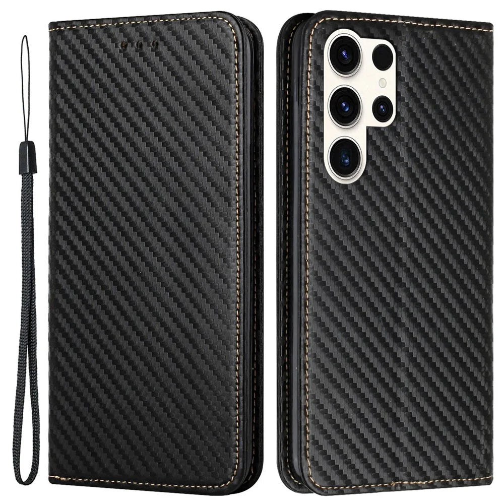For Samsung Galaxy S25 Ultra Case Carbon Fiber Texture Wallet Stand Cover - Black - 1
