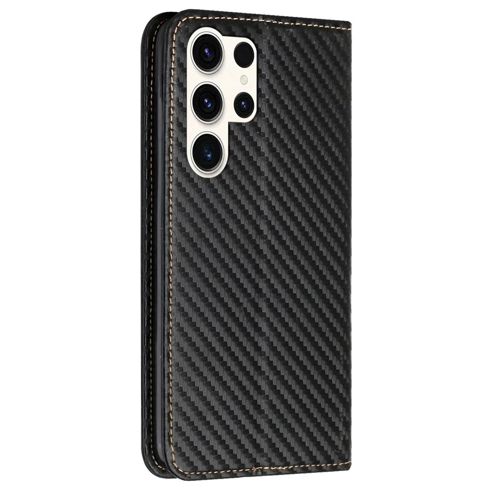 For Samsung Galaxy S25 Ultra Case Carbon Fiber Texture Wallet Stand Cover - Black - 7