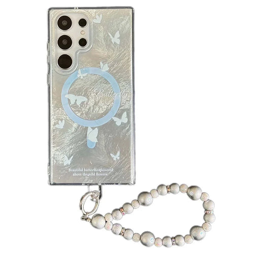For Samsung Galaxy S24 Ultra Magnetic Case TPU+PC Butterfly Phone Cover with Beaded Strap - 1