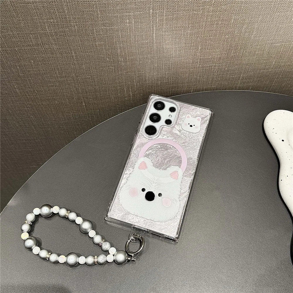For Samsung Galaxy S24 Ultra Magnetic Case Cartoon Animal 3D Nose TPU+PC Cover with Beaded Strap - Pink - 2