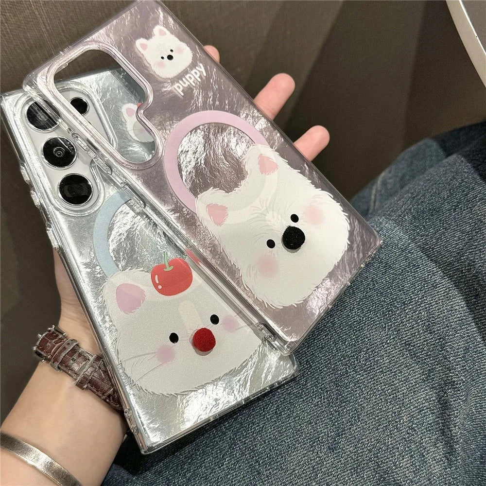 For Samsung Galaxy S24 Ultra Magnetic Case Cartoon Animal 3D Nose TPU+PC Cover with Beaded Strap - Pink - 4