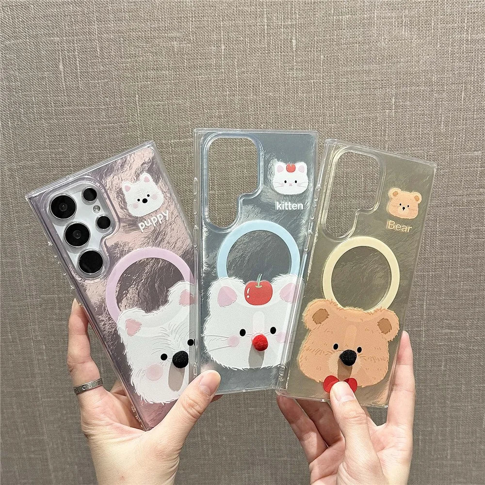 For Samsung Galaxy S24 Ultra Magnetic Case Cartoon Animal 3D Nose TPU+PC Cover with Beaded Strap - Pink - 5