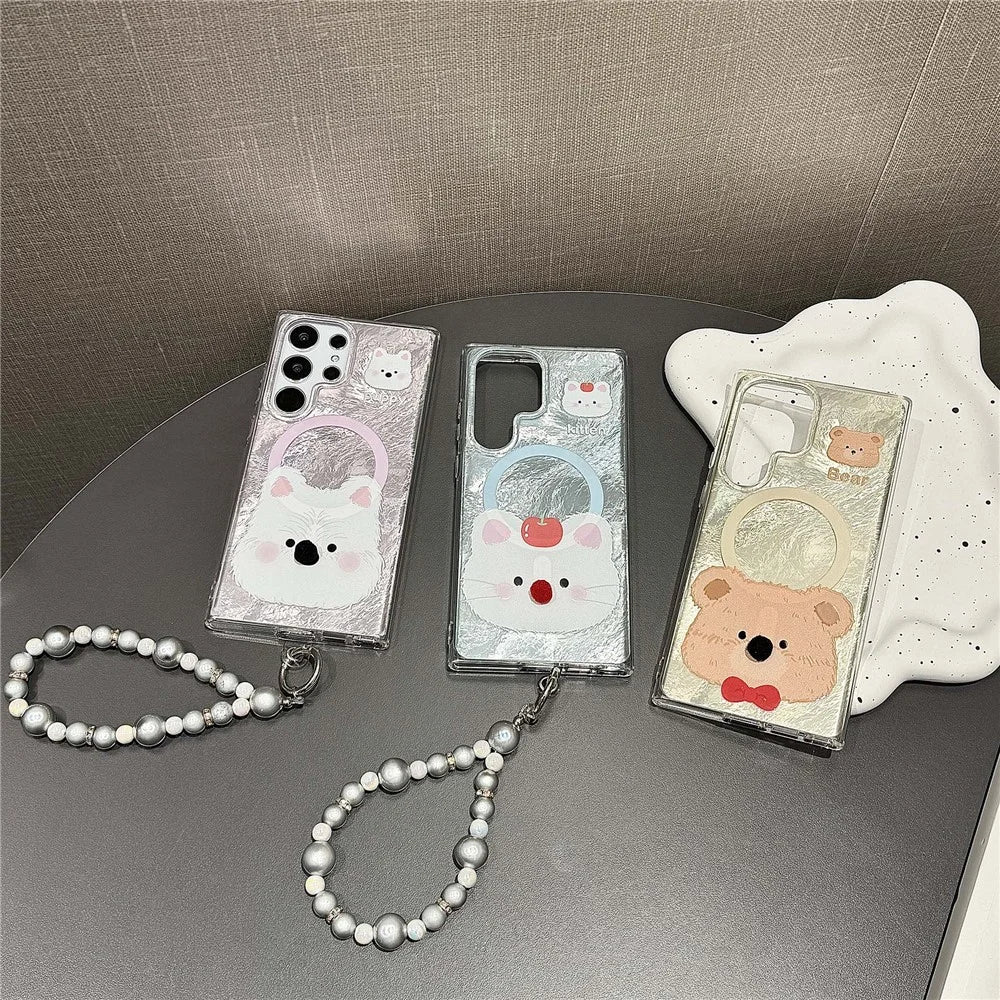 For Samsung Galaxy S24 Ultra Magnetic Case Cartoon Animal 3D Nose TPU+PC Cover with Beaded Strap - Pink - 6
