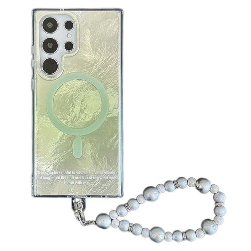 For Samsung Galaxy S24 Ultra Magnetic Case Gradient Tint TPU+PC Phone Cover with Beaded Strap - Green - 1