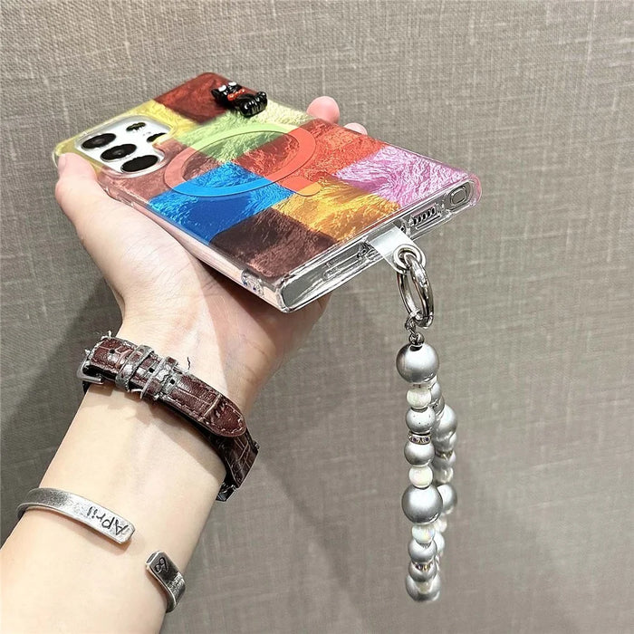 For Samsung Galaxy S24 Ultra Magnetic Case Geometry Pattern PC+TPU Phone Cover with Beads Hand Strap - Coloful Geometry Block - 4