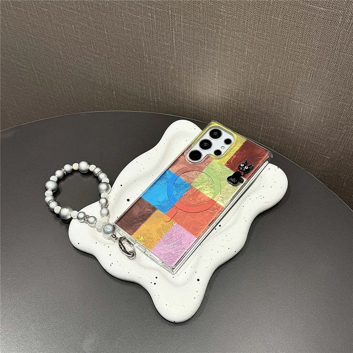 For Samsung Galaxy S24 Ultra Magnetic Case Geometry Pattern PC+TPU Phone Cover with Beads Hand Strap - Coloful Geometry Block - 5