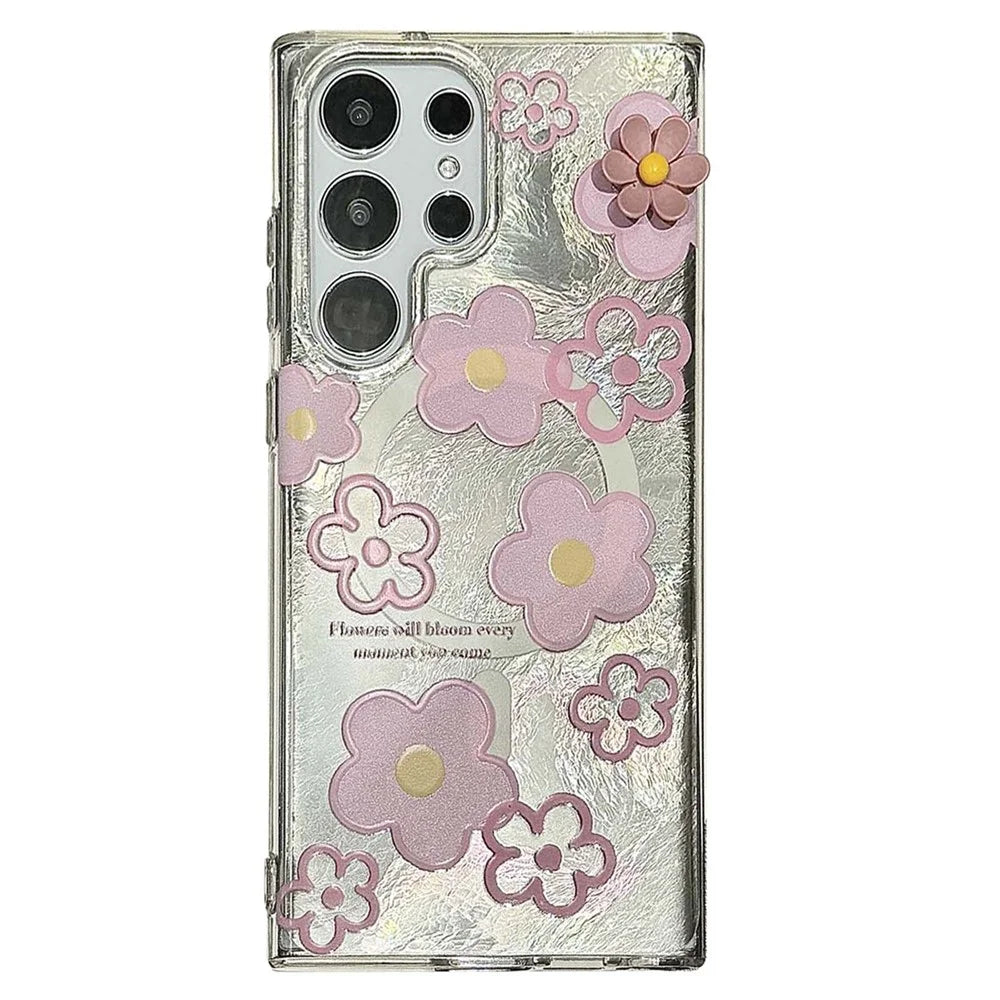 For Samsung Galaxy S24 Ultra Magnetic Case Flower Pattern PC+TPU Phone Cover - Pink Flower - 1