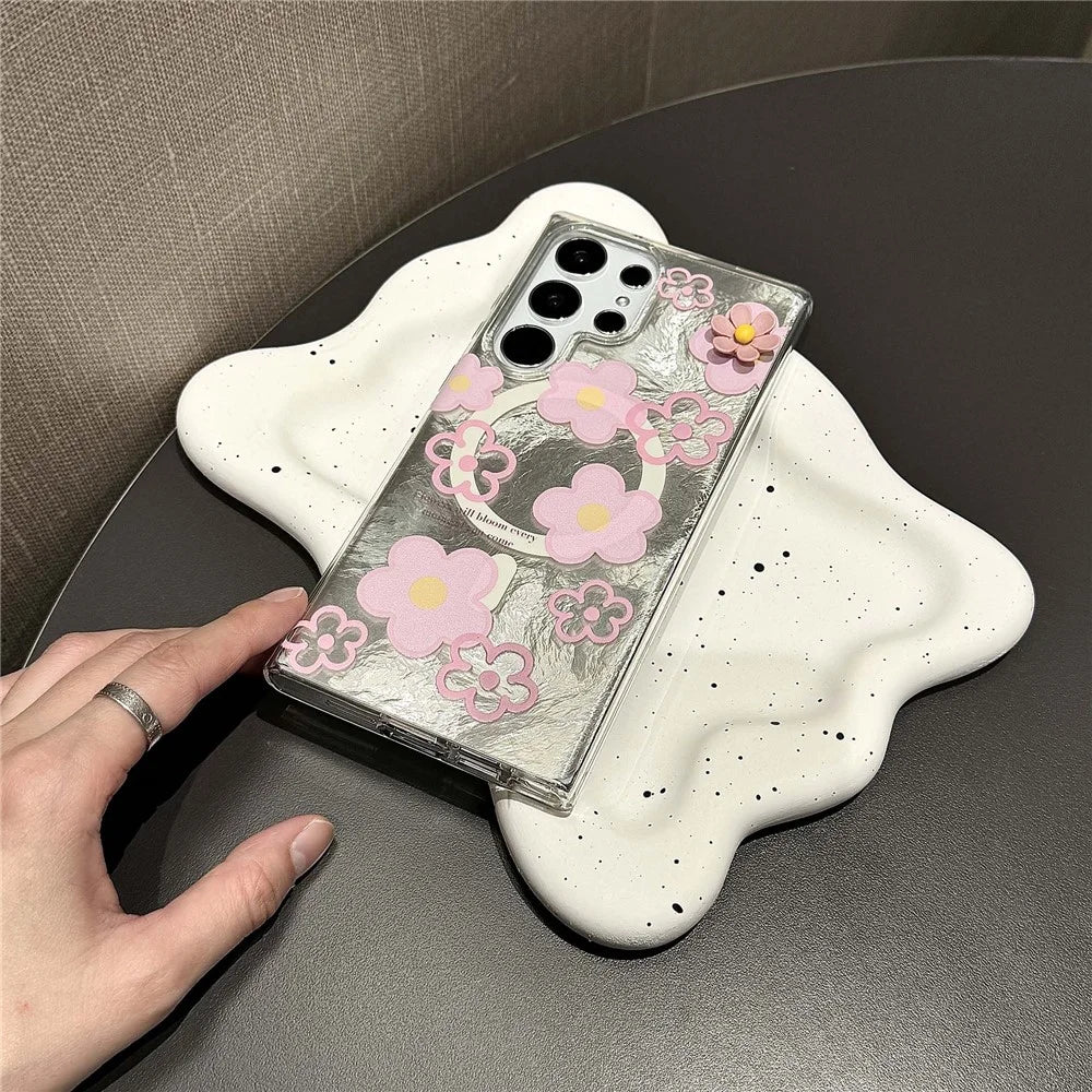 For Samsung Galaxy S24 Ultra Magnetic Case Flower Pattern PC+TPU Phone Cover - Pink Flower - 2