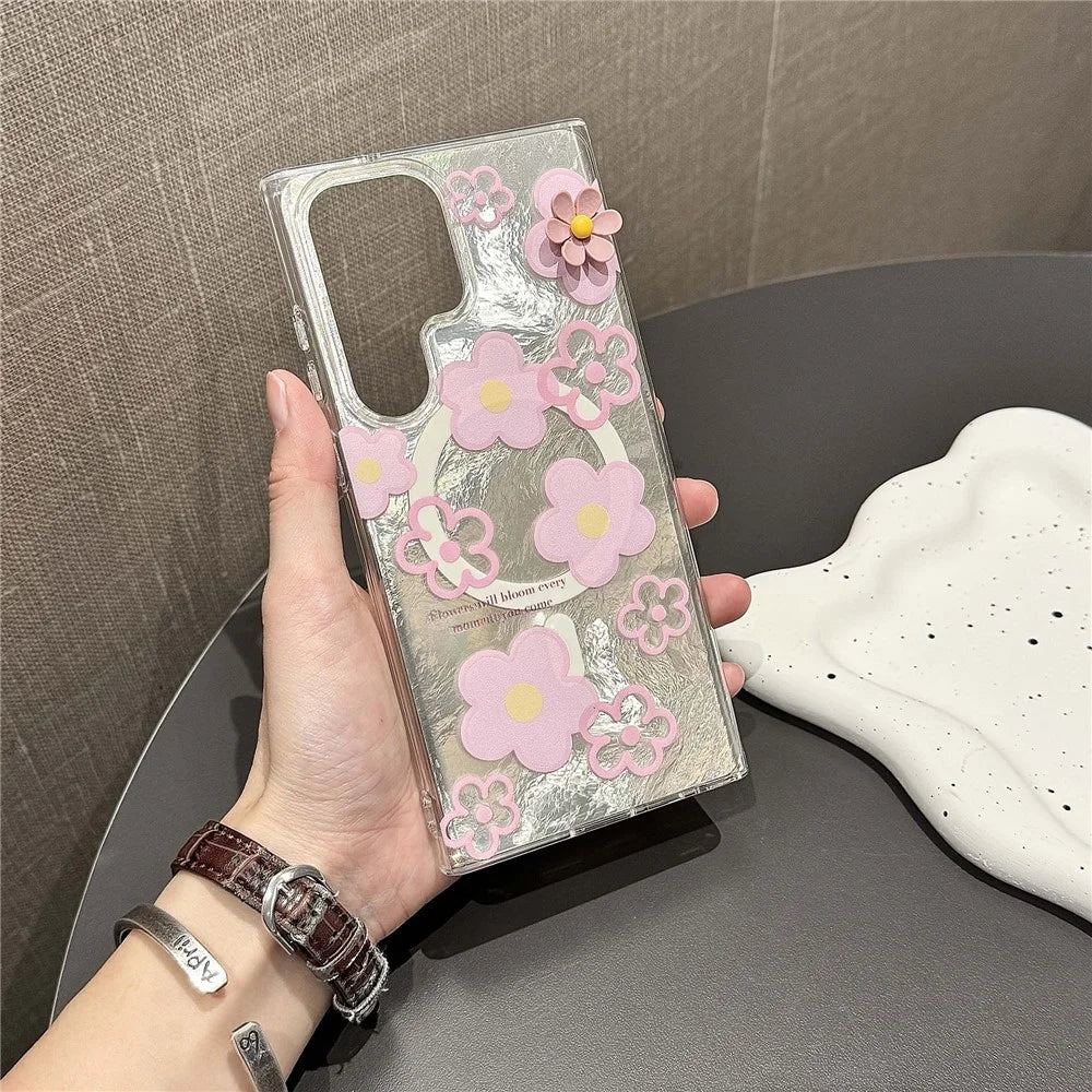 For Samsung Galaxy S24 Ultra Magnetic Case Flower Pattern PC+TPU Phone Cover - Pink Flower - 3