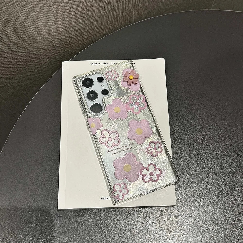 For Samsung Galaxy S24 Ultra Magnetic Case Flower Pattern PC+TPU Phone Cover - Pink Flower - 4