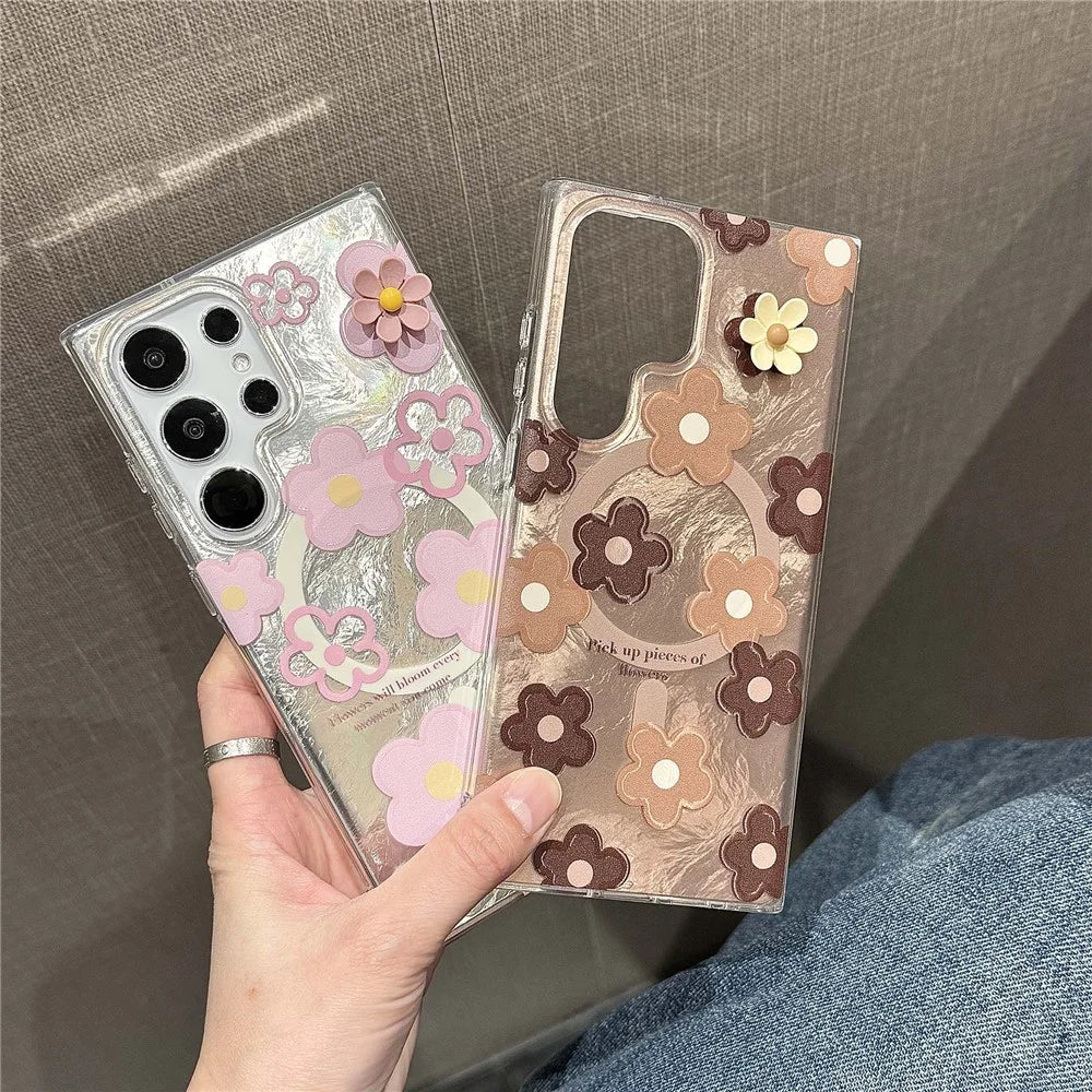 For Samsung Galaxy S24 Ultra Magnetic Case Flower Pattern PC+TPU Phone Cover - Pink Flower - 5