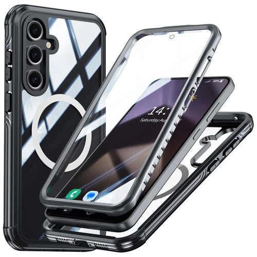 For Samsung Galaxy S24 FE Magnetic Case PC+TPU Phone Cover with Tempered Glass Screen Film - Black - 1