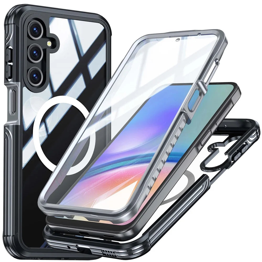 For Samsung Galaxy A16 4G / 5G Magnetic Case PC+TPU Phone Cover with Tempered Glass Screen Film - Black - 1