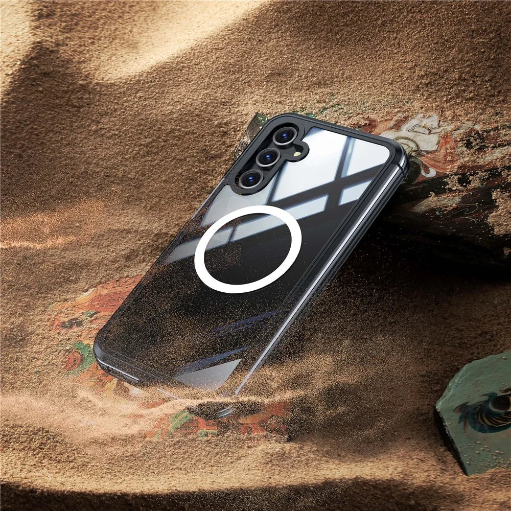 For Samsung Galaxy A16 4G / 5G Magnetic Case PC+TPU Phone Cover with Tempered Glass Screen Film - Black - 6