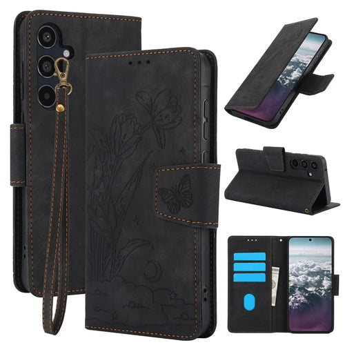 SY-001 For Samsung Galaxy A37 5G / A56 5G / A36 5G Case Flower Butterfly Leather Wallet Phone Cover with Hand Strap - Black - 1