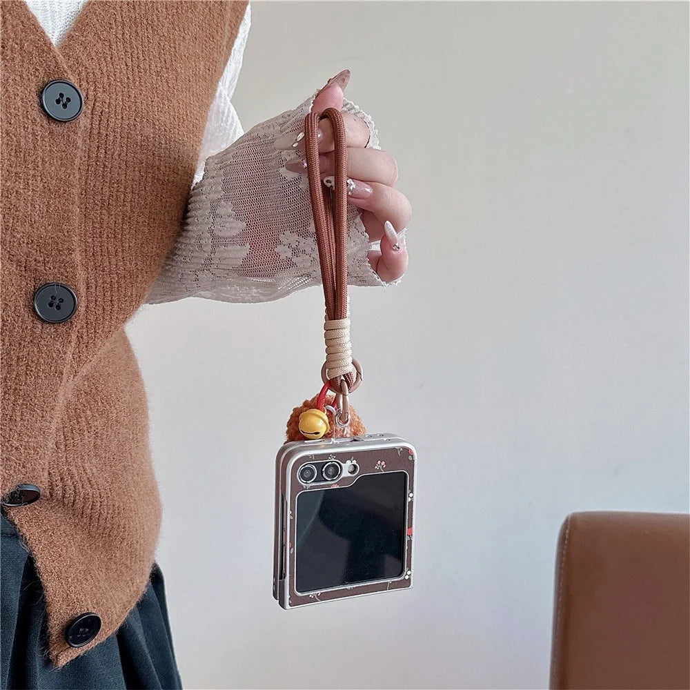 For Samsung Galaxy Z Flip7 FE 5G / Z Flip6 5G Case Leather+PC Floral Phone Cover with Hand Strap - Brown - 3