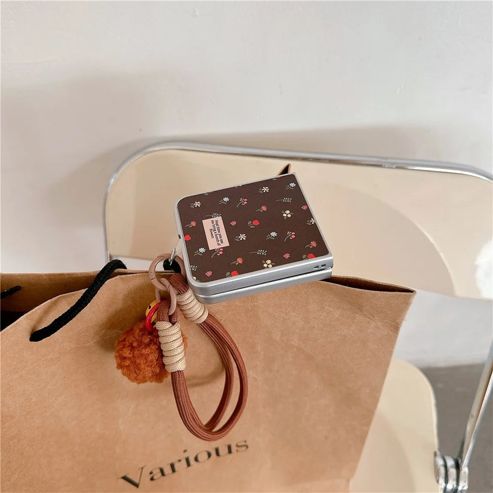 For Samsung Galaxy Z Flip7 FE 5G / Z Flip6 5G Case Leather+PC Floral Phone Cover with Hand Strap - Brown - 4