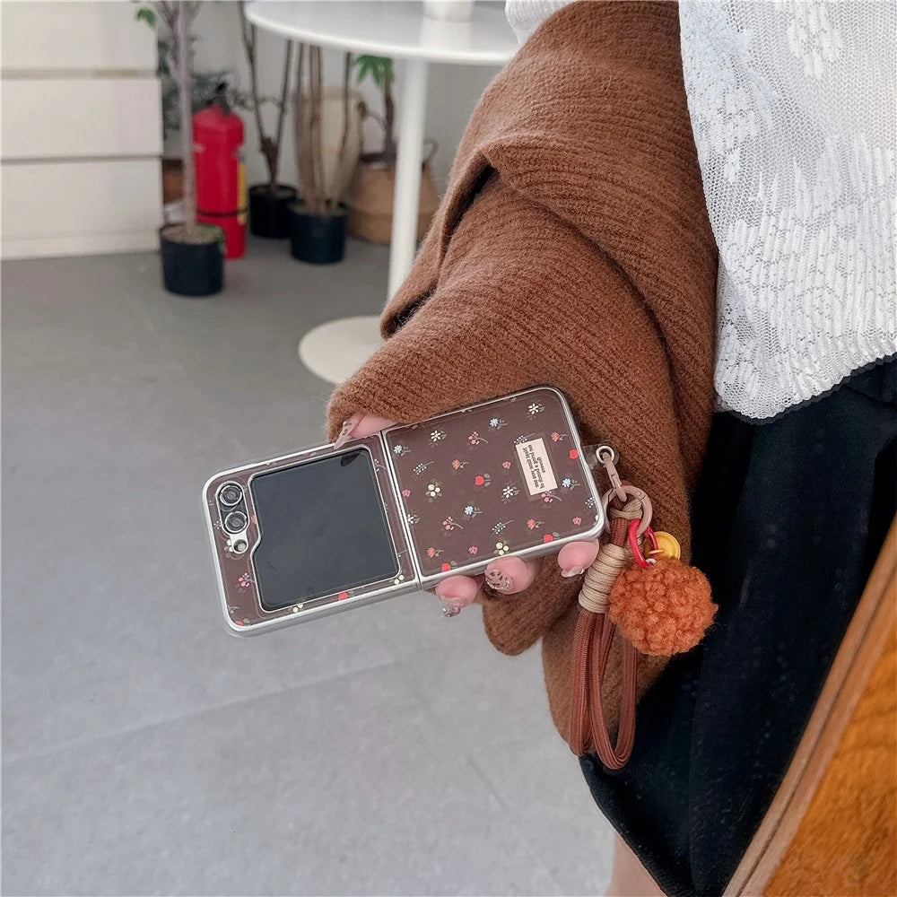 For Samsung Galaxy Z Flip7 FE 5G / Z Flip6 5G Case Leather+PC Floral Phone Cover with Hand Strap - Brown - 5