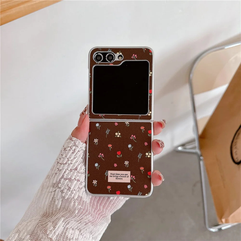 For Samsung Galaxy Z Flip7 FE 5G / Z Flip6 5G Case Leather+PC Floral Phone Cover with Hand Strap - Brown - 6