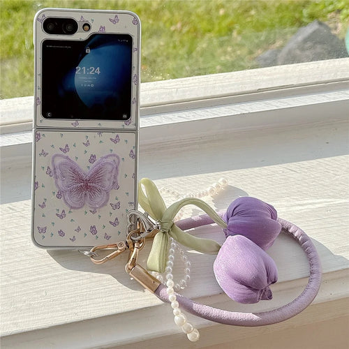 For Samsung Galaxy Z Flip7 FE 5G / Z Flip6 5G Case Leather+PC Butterfly Phone Cover with Tulip Hand Strap - 1