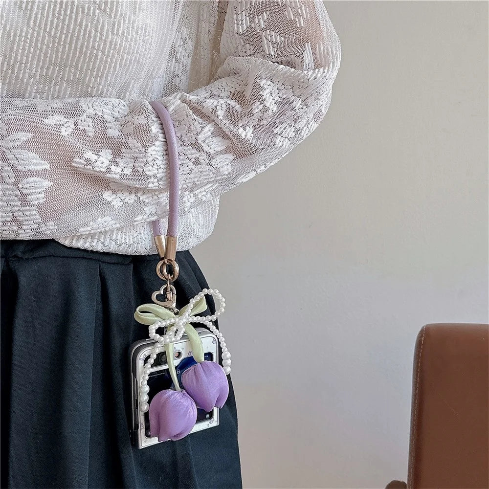 For Samsung Galaxy Z Flip7 FE 5G / Z Flip6 5G Case Leather+PC Butterfly Phone Cover with Tulip Hand Strap - 3