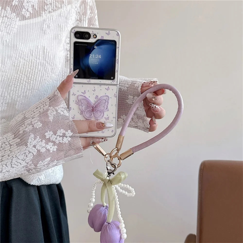 For Samsung Galaxy Z Flip7 FE 5G / Z Flip6 5G Case Leather+PC Butterfly Phone Cover with Tulip Hand Strap - 4