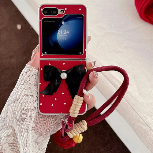 For Samsung Galaxy Z Flip7 FE 5G / Z Flip6 5G Case Dots Bowknot Leather+PC Phone Cover with Hand Strap - 1