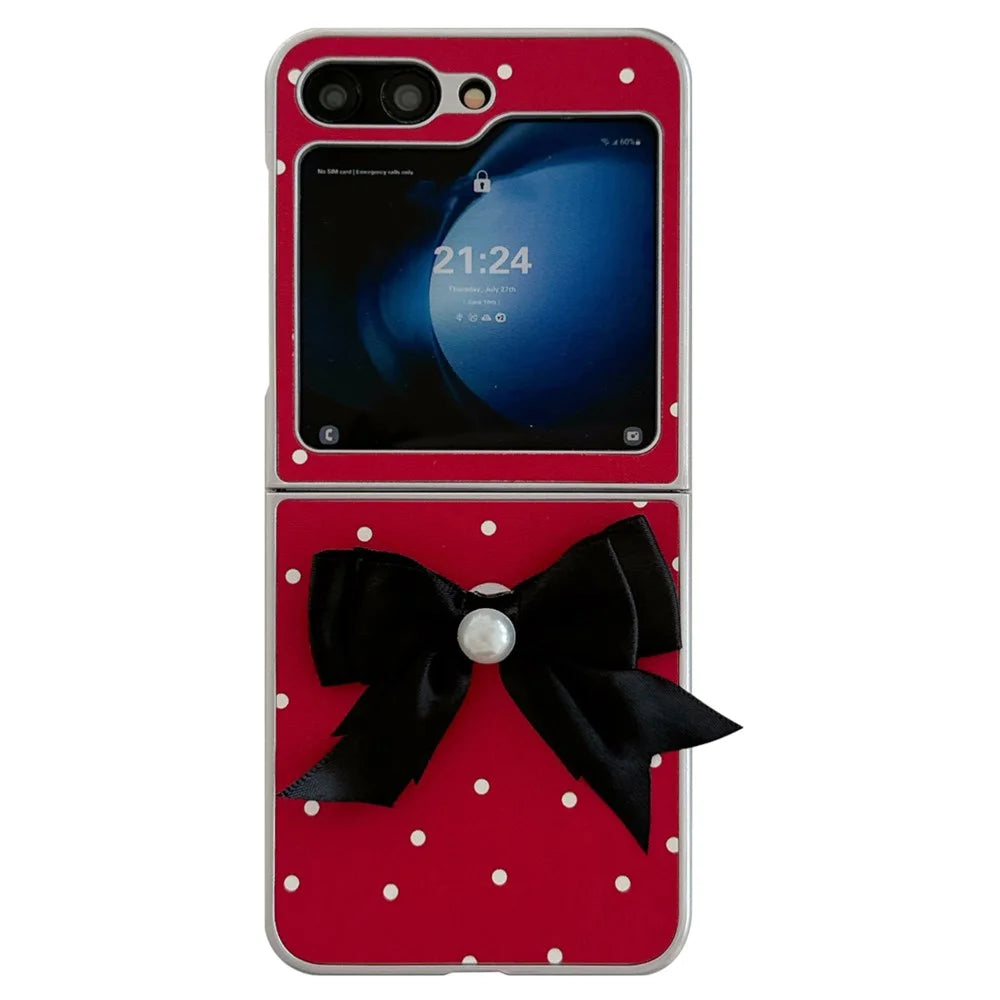 For Samsung Galaxy Z Flip7 FE 5G / Z Flip6 5G Case Dots Bowknot Leather+PC Phone Cover with Hand Strap - 2