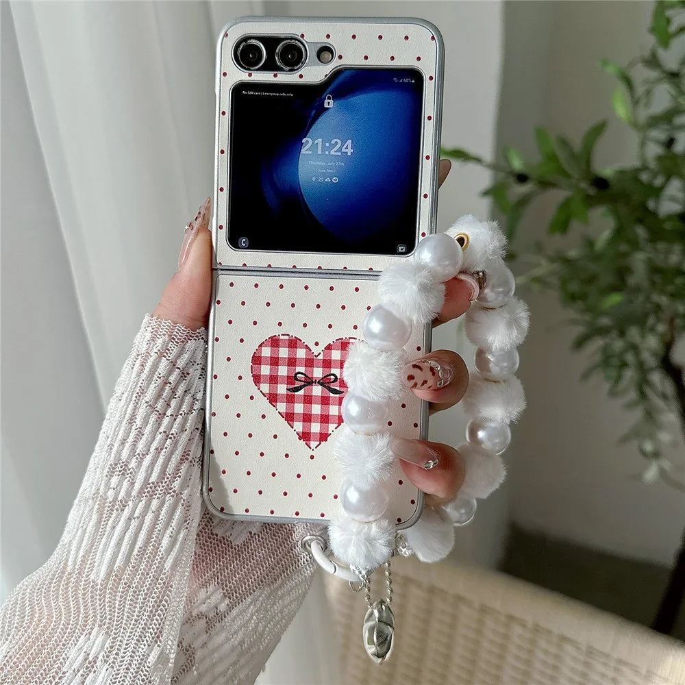 For Samsung Galaxy Z Flip7 FE 5G / Z Flip6 5G Case Dots Heart Pattern Leather+PC Phone Cover with Hand Strap - Red - 1