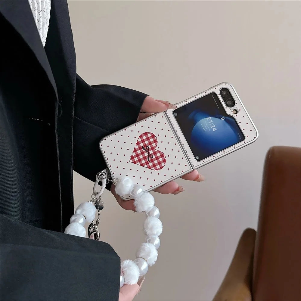 For Samsung Galaxy Z Flip7 FE 5G / Z Flip6 5G Case Dots Heart Pattern Leather+PC Phone Cover with Hand Strap - Red - 3