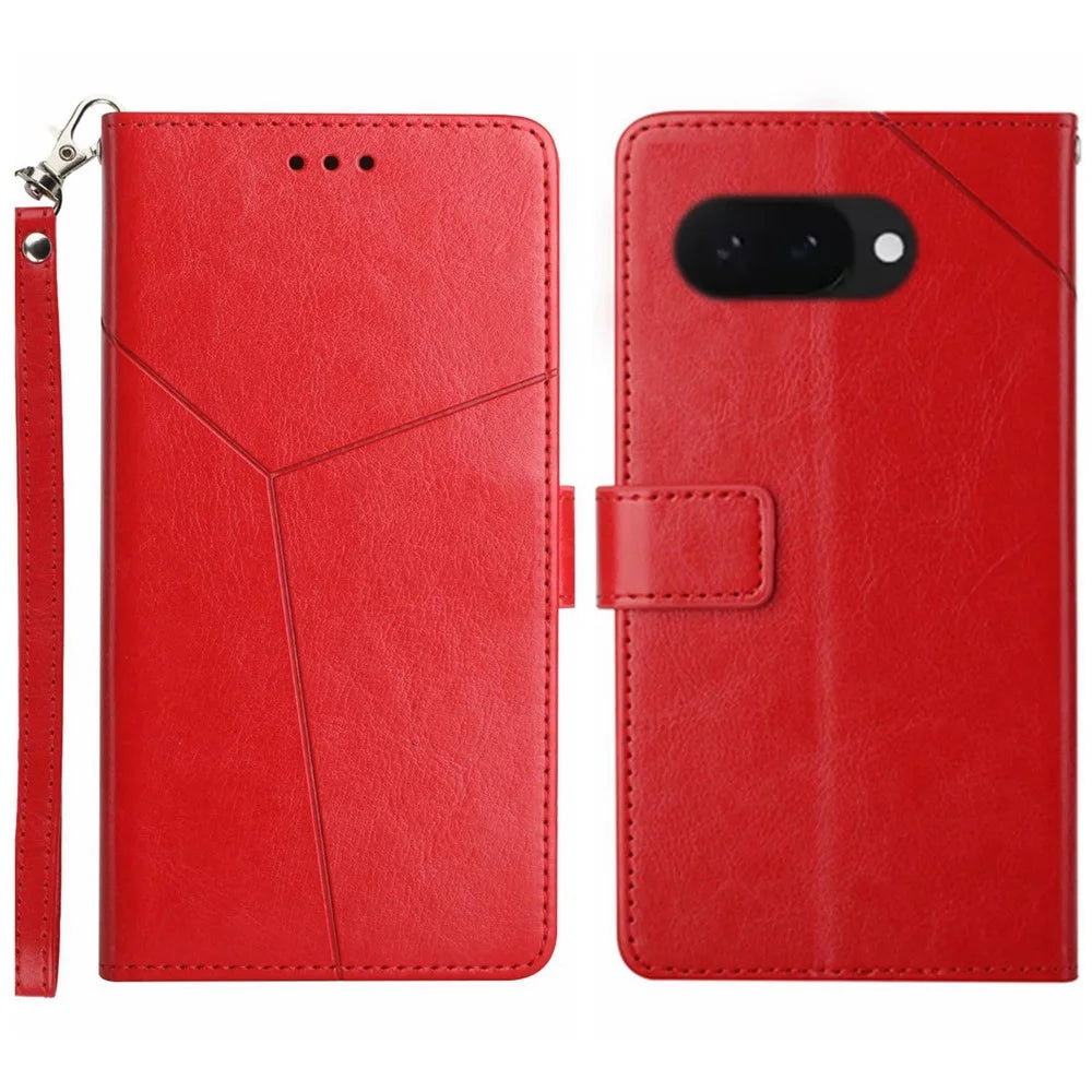 For Google Pixel 9a Case with Wrist Strap Y Shaped Lines Imprint Leather Phone Cover - Red - 1