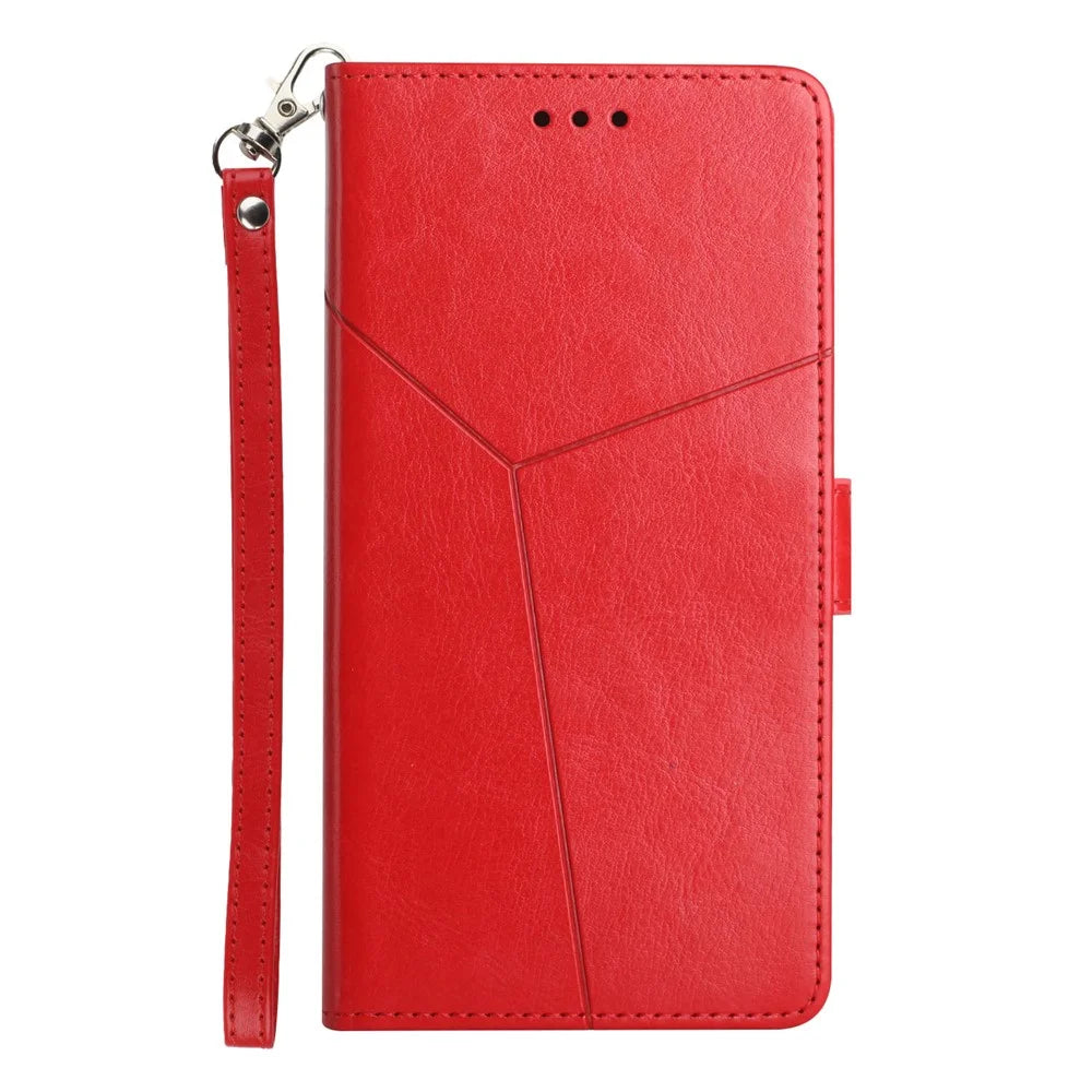 For Google Pixel 9a Case with Wrist Strap Y Shaped Lines Imprint Leather Phone Cover - Red - 7