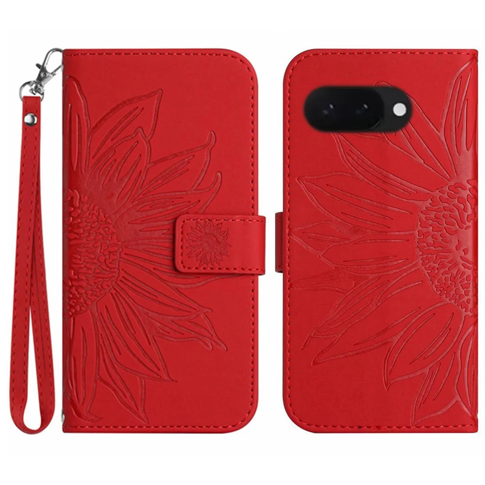 HT04 For Google Pixel 9a Case Sunflower Imprint Leather Wallet Phone Cover with Wrist Strap - Red - 1