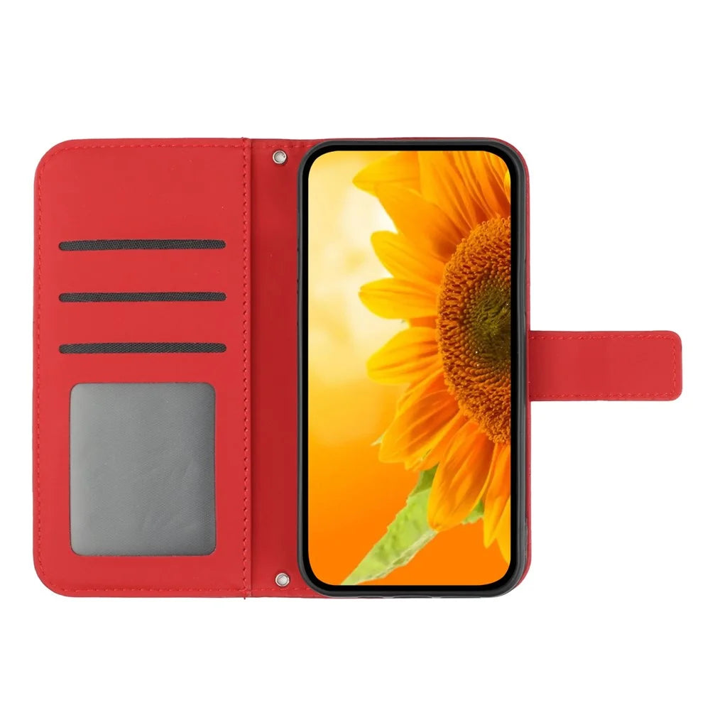 HT04 For Google Pixel 9a Case Sunflower Imprint Leather Wallet Phone Cover with Wrist Strap - Red - 2