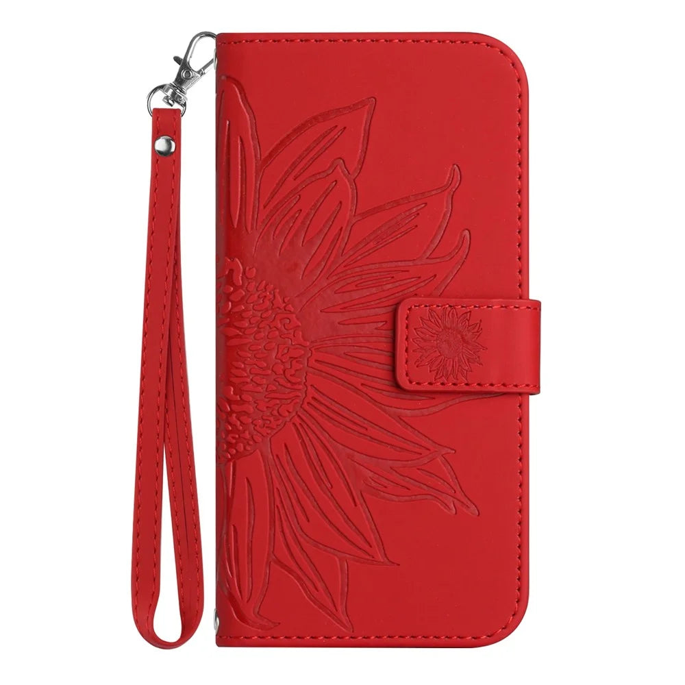 HT04 For Google Pixel 9a Case Sunflower Imprint Leather Wallet Phone Cover with Wrist Strap - Red - 7