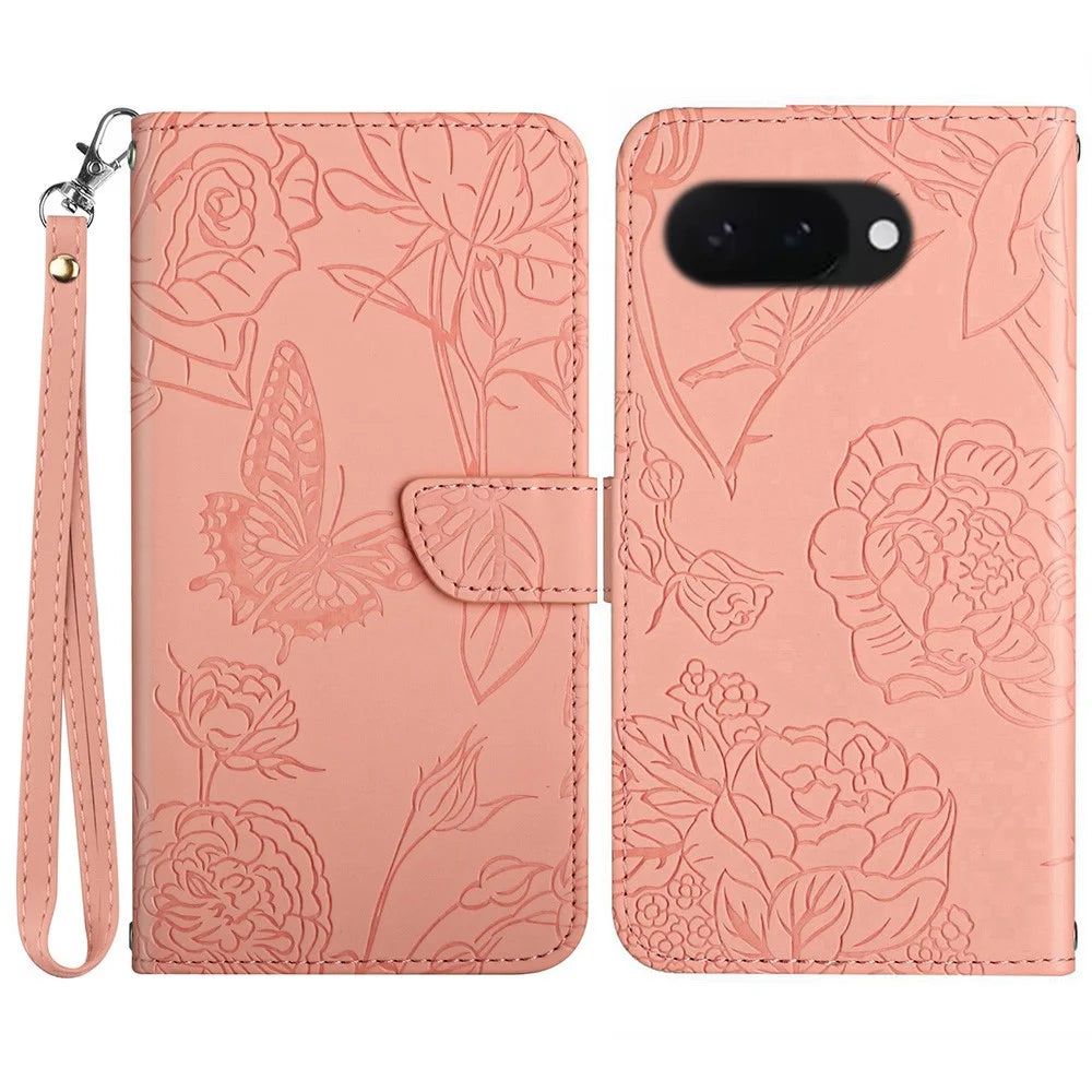 HT03 For Google Pixel 9a Case Butterfly Flower Imprint Leather Phone Cover with Strap - Pink - 1