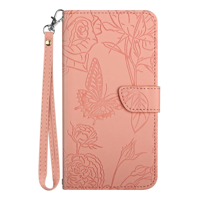 HT03 For Google Pixel 9a Case Butterfly Flower Imprint Leather Phone Cover with Strap - Pink - 7