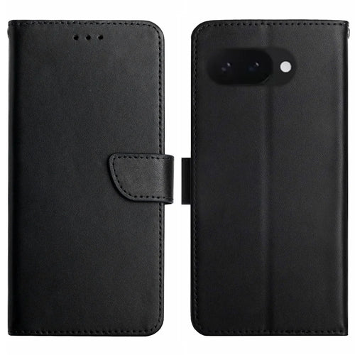 HT02 For Google Pixel 9a Case Genuine Cow Leather Phone Cover Nappa Texture - Black - 1