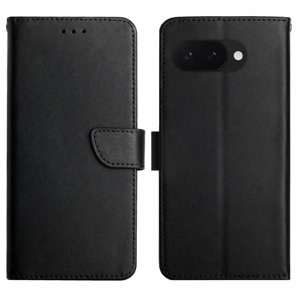 HT02 For Google Pixel 9a Case Genuine Cow Leather Phone Cover Nappa Texture - Black - 1