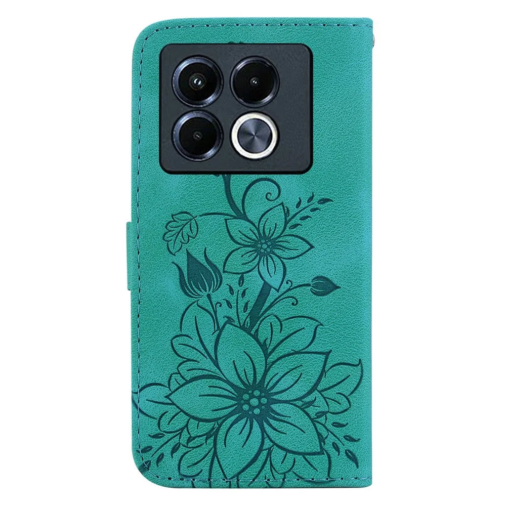For Infinix Note 40 5G Case Lily Flower Imprint Leather Phone Cover with Stand - Green - 7
