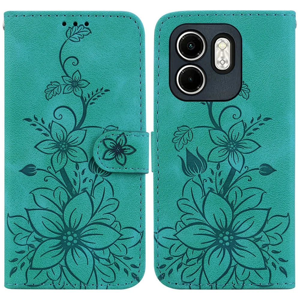 For Infinix Hot 50i 4G  /  Smart 9 4G Case Lily Flower Imprint Leather Phone Cover with Stand - Green - 1