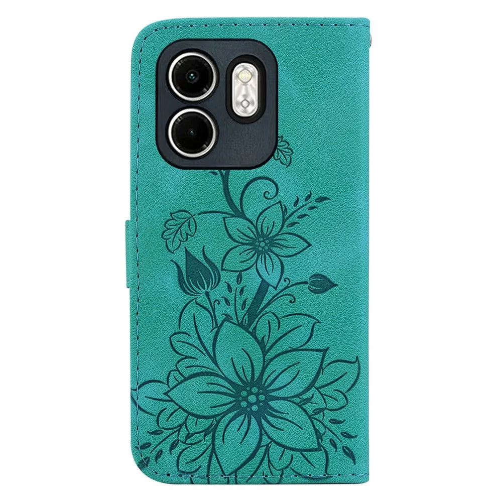 For Infinix Hot 50i 4G  /  Smart 9 4G Case Lily Flower Imprint Leather Phone Cover with Stand - Green - 7