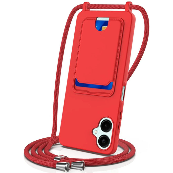 For Samsung Galaxy A06 4G Case Liquid Silicone Card Holder Phone Back Cover with Lanyard - Red - 1