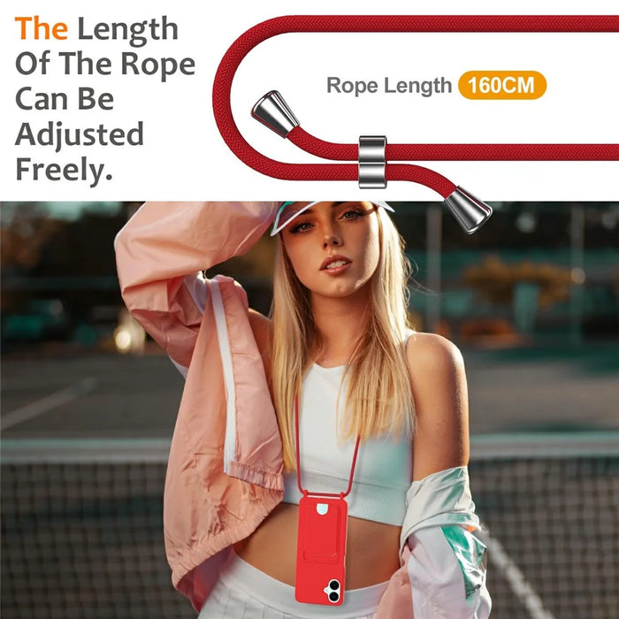 For Samsung Galaxy A06 4G Case Liquid Silicone Card Holder Phone Back Cover with Lanyard - Red - 2
