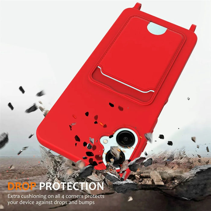 For Samsung Galaxy A06 4G Case Liquid Silicone Card Holder Phone Back Cover with Lanyard - Red - 3