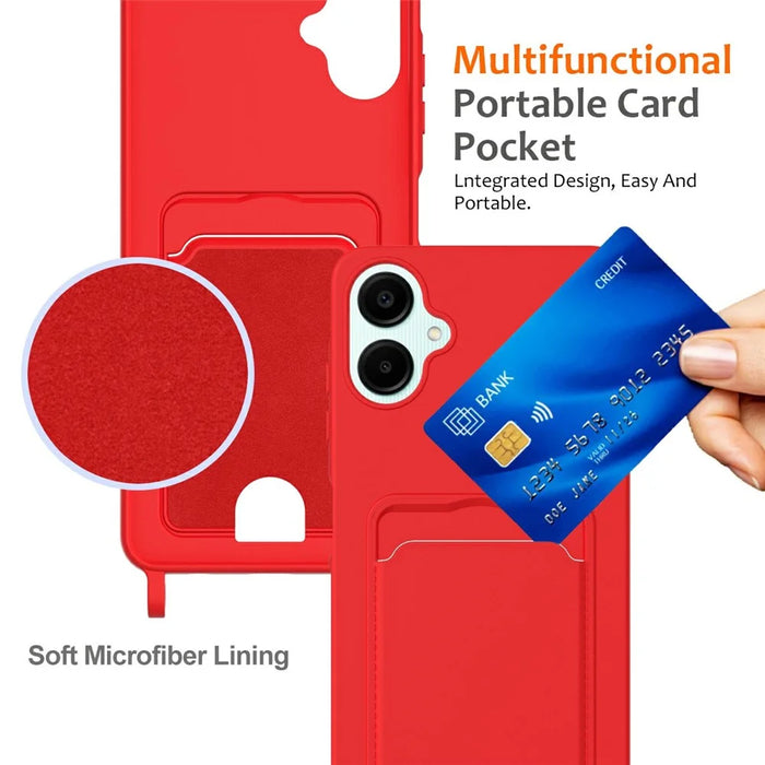 For Samsung Galaxy A06 4G Case Liquid Silicone Card Holder Phone Back Cover with Lanyard - Red - 5
