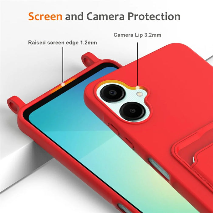 For Samsung Galaxy A06 4G Case Liquid Silicone Card Holder Phone Back Cover with Lanyard - Red - 6