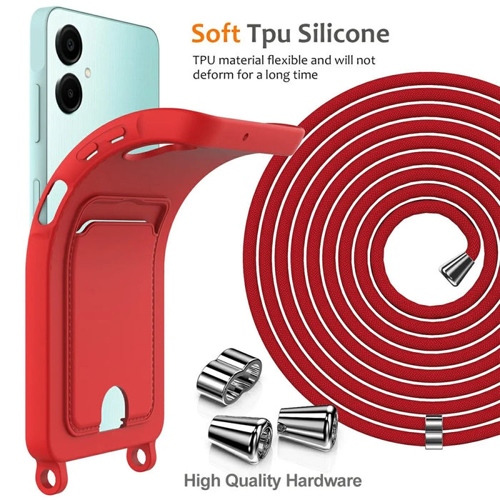 For Samsung Galaxy A06 4G Case Liquid Silicone Card Holder Phone Back Cover with Lanyard - Red - 7