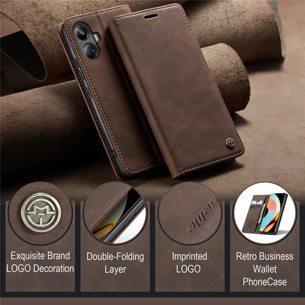 CASEME For Realme 10 Pro+ 5G Case  013 Series Card Holder Stand Leather Phone Cover - Coffee - 5