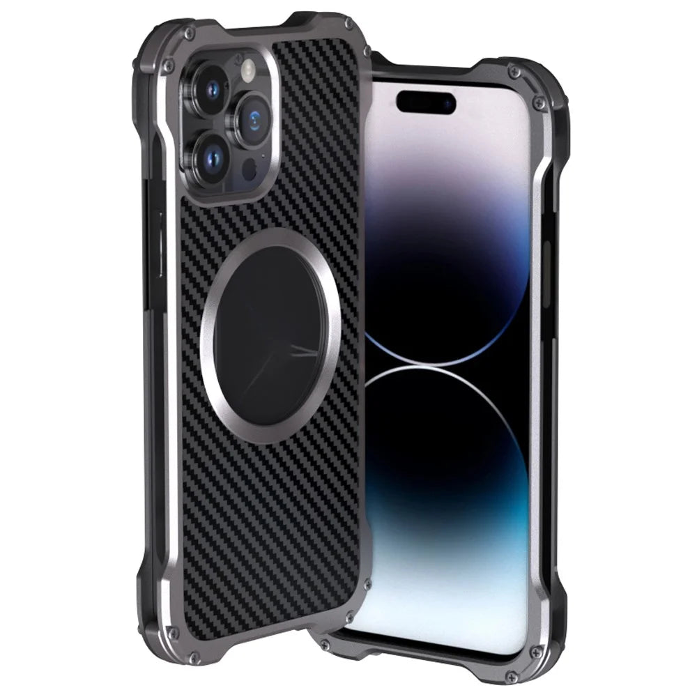 R-JUST RJ-51 For iPhone 14 Pro Back Hollow Design Protective Cover Carbon Fiber PC + Aluminum Alloy Anti-drop Case Compatible with Magsafe Charger - 1